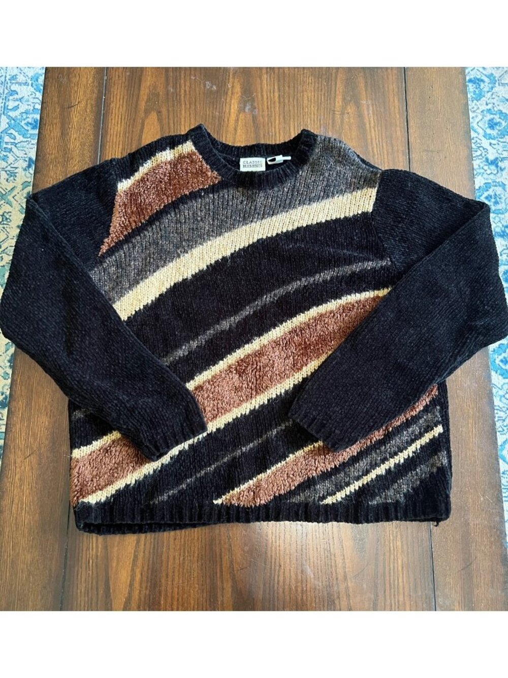 Vintage 90's Classic Elements Striped Chenille Sweater Black Neutral Medium